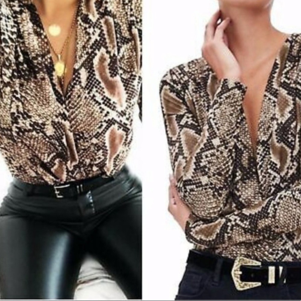 NWT Zara Brown Snake Print V-neck Bodysuit